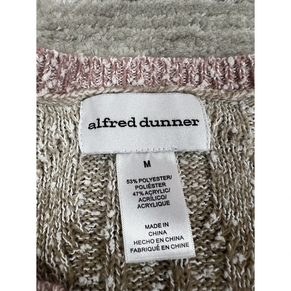 Alfred Dunner Sweater Women M Pink Ombre Cable Knit Beaded Split Neck 3/4 Sleeve